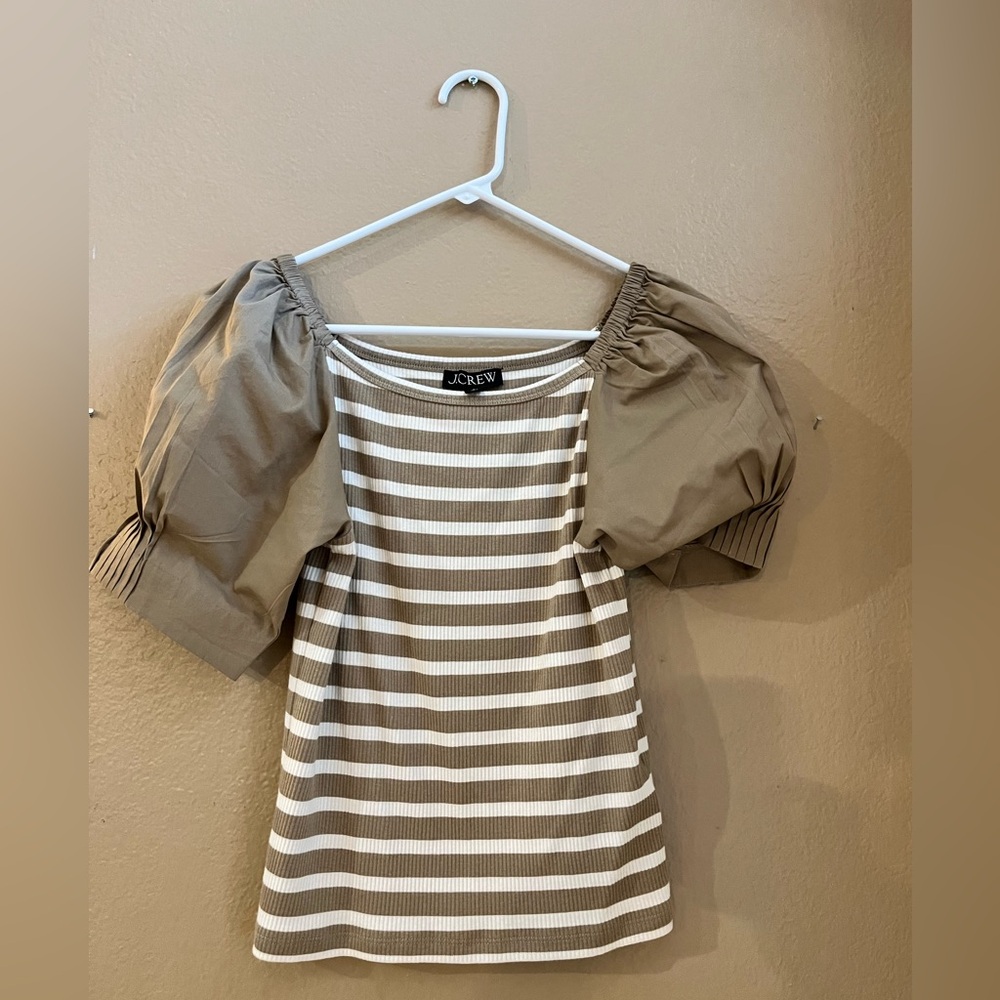 J. Crew Khaki and White Striped Ribbed Top